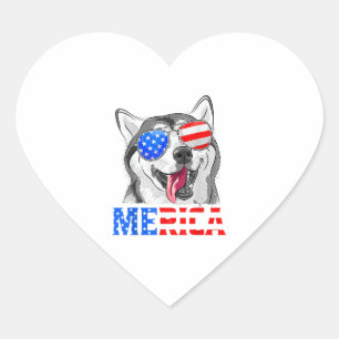 Sticker Cœur Merica Chien Sibérien Husky Drapeau Américain 4 Ju
