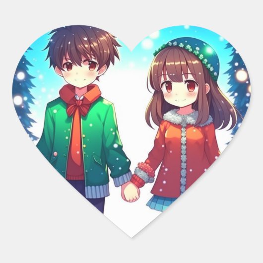 Sticker Cœur Mignonne Anime Couple tenant Mains Noël (Devant)