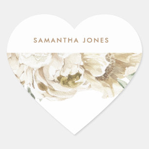 Sticker Cœur Minimaliste Moderne Blanche Peonie Floral Aquarell