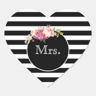 Sticker Cœur Mme avec bandes et fleurs noires et blanches