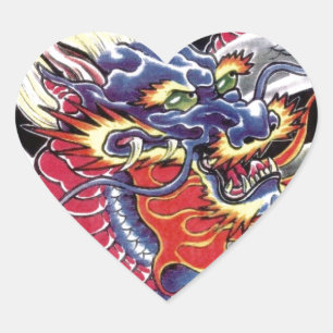 Sticker Cœur Modèle de tatouage japonais Blue Dragon