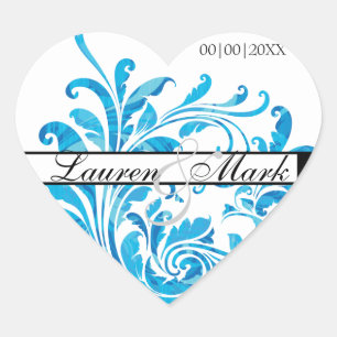 Sticker Cœur Modèle floral blanc bleu Enregistrer la date