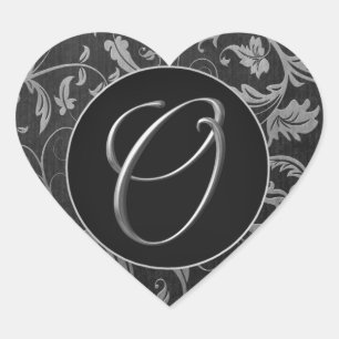 Sticker Cœur Monogram O Silver et Black Mariage damassé Seal