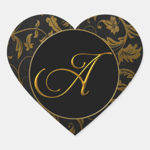 Sticker Cœur Monogramme A Gold et Black Mariage damassé Seal