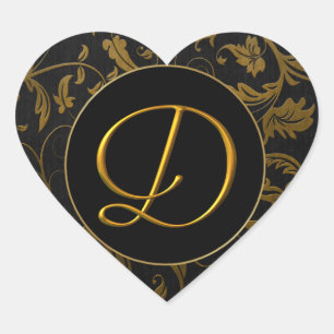 Sticker Cœur Monogramme D Gold et Black Mariage damassé Seal