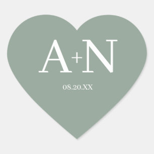 Sticker Cœur Monogramme de mariage minimaliste blanc vert sauge