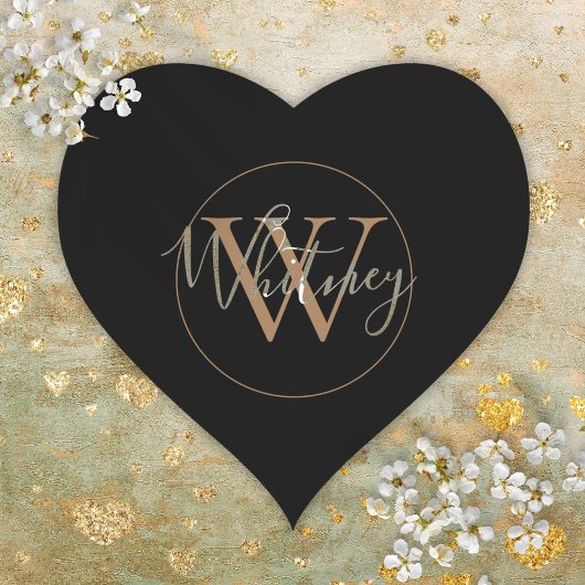 Sticker Cœur Monogramme de nom simple en noir et or
