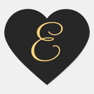 Sticker Cœur Monogramme E, couleur or E initiale sur noir,