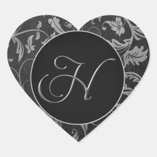 Sticker Cœur Monogramme H Silver et phoque Mariage damassé noir