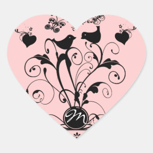 Sticker Cœur Monogramme Oiseaux de mariage Cœurs Spirales