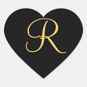 Sticker Cœur Monogramme R, couleur or R initial sur noir,