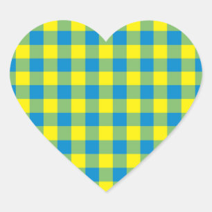 Sticker Cœur Motif à carreaux et damier bleu jaune vert