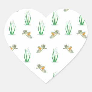 Sticker Cœur Motif de printemps Red Robin Birds et Snowdrops