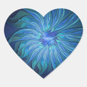 Sticker Cœur Motif fantaisie de fleur bleue, art fractal abstra