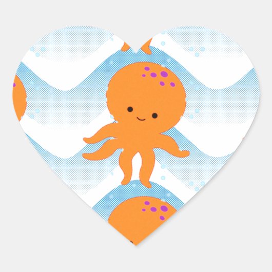 Sticker Cœur Motif Octopus Orange Et Vagues Bleues (Devant)