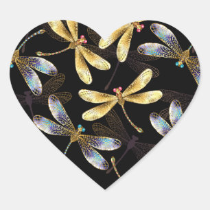 Sticker Cœur Motif sans couture avec libellules d'or