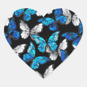 Sticker Cœur Motif sans couture sombre avec papillons bleus Mor