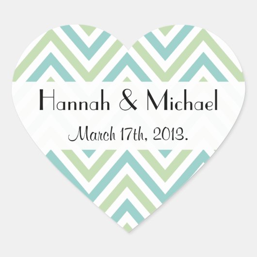 Sticker Cœur Motif Zigzag, Chevron, Bleu, Vert, Mariage (Devant)