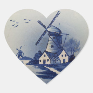Sticker Cœur Moulin à vent bleu blanc de Delft vintage
