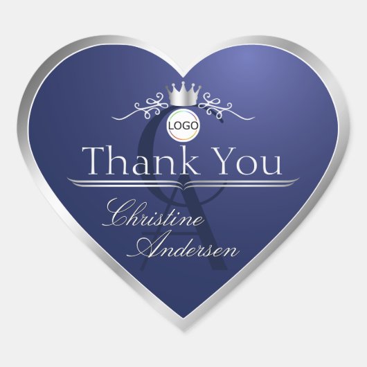 Sticker Cœur Navy Blue Silver Frame Logo and Monogram Thank You (Devant)