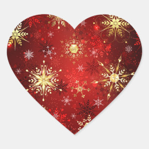 Sticker Cœur Noël Golden Snowflakes sur Arrière - plan rouge