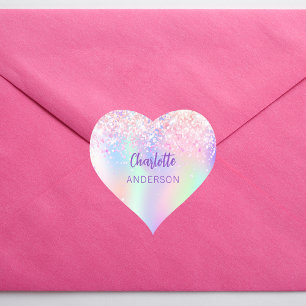 Sticker Cœur Nom holographique rose violet pour l'école