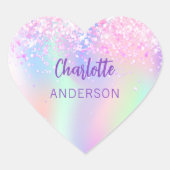Sticker Cœur Nom holographique rose violet pour l'école (Devant)