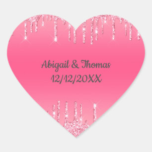 Sticker Cœur Noms de mariage date rose dégoulinant de paillette