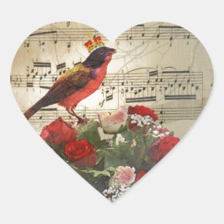 Sticker Cœur Oiseau rouge & rose sur la feuille de musique vint