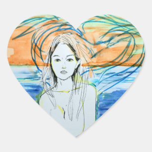 Sticker Cœur Oiseaux de mer (Aquarelle, Encre)