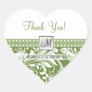 Sticker Cœur Olive Green & White Merci de damas à fleurs!