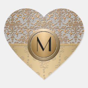 Sticker Cœur Or et Argent Simulé Élégant Monogramme Damassé