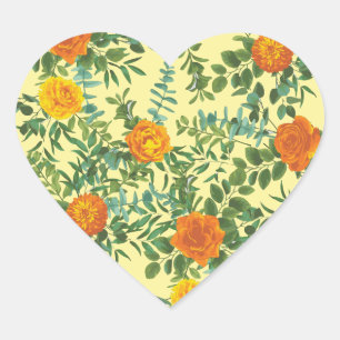 Sticker Cœur Orange & Jaune clair Peony & Rose Floral Mariage