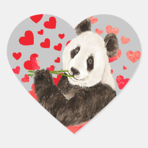 Sticker Cœur Panda mignonne, Ours asiatique, Aquarelle Coeurs d