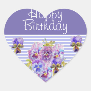 Sticker Cœur Pansy Flower Purple Stripe floral Joyeux anniversa