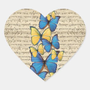 Sticker Cœur Papillons bleu et jaune