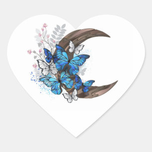 Sticker Cœur Papillons bleus sur croissant en bois