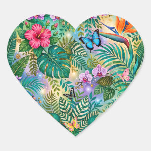 Sticker Cœur Papillons Fleurs Fantaisie Jungle Enjouée