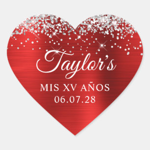 Sticker Cœur Parties scintillant d'argent Rouge huile Mis XV An