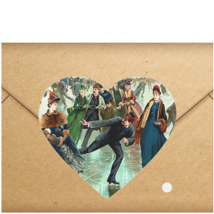 Sticker Cœur Patinage sur glace victorien scène hivernale vinta