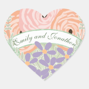 Sticker Cœur Peach Pink Coral Green Lavender Floral Mariage