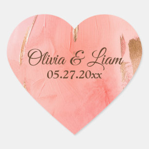 Sticker Cœur Peach Rose or Nom Brown Date Mariage élégant