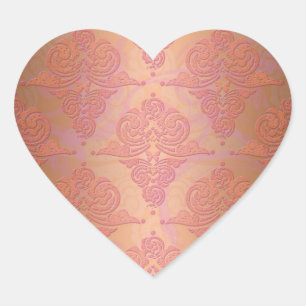Sticker Cœur Peachy Orange et rose Damask victorien