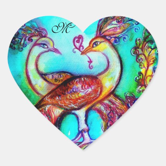 Sticker Cœur PEACOCKS IN LOVE HEART MONOGRAM Saint Valentin (Devant)