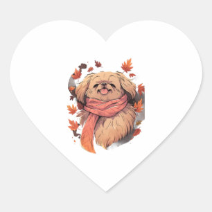 Sticker Cœur Pekingese Fall Dog Automne quitte Thanksgiving