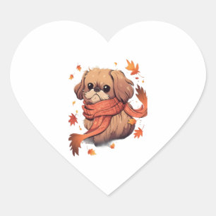Sticker Cœur Pekingese Fall Dog Automne quitte Thanksgiving
