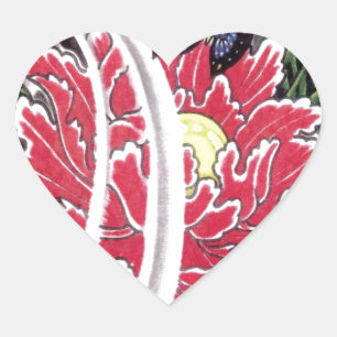 Sticker Cœur Peony Flower et Papillon Tattoo Design
