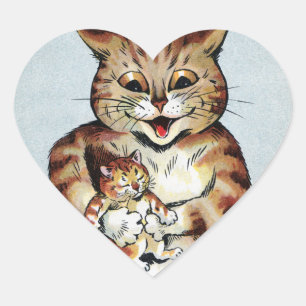 Sticker Cœur Père Chat tenant un chaton, Louis Wain