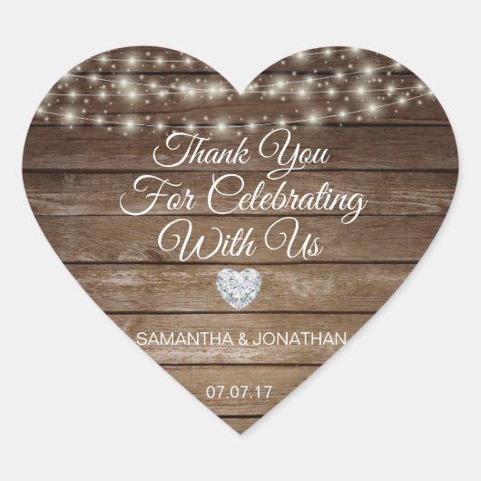 Sticker Cœur Personnalisé Rustic String Lights Mariage en bois (Devant)