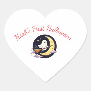 Sticker Cœur Petit Fantôme Mignon Volant sur Balai avec Croissa